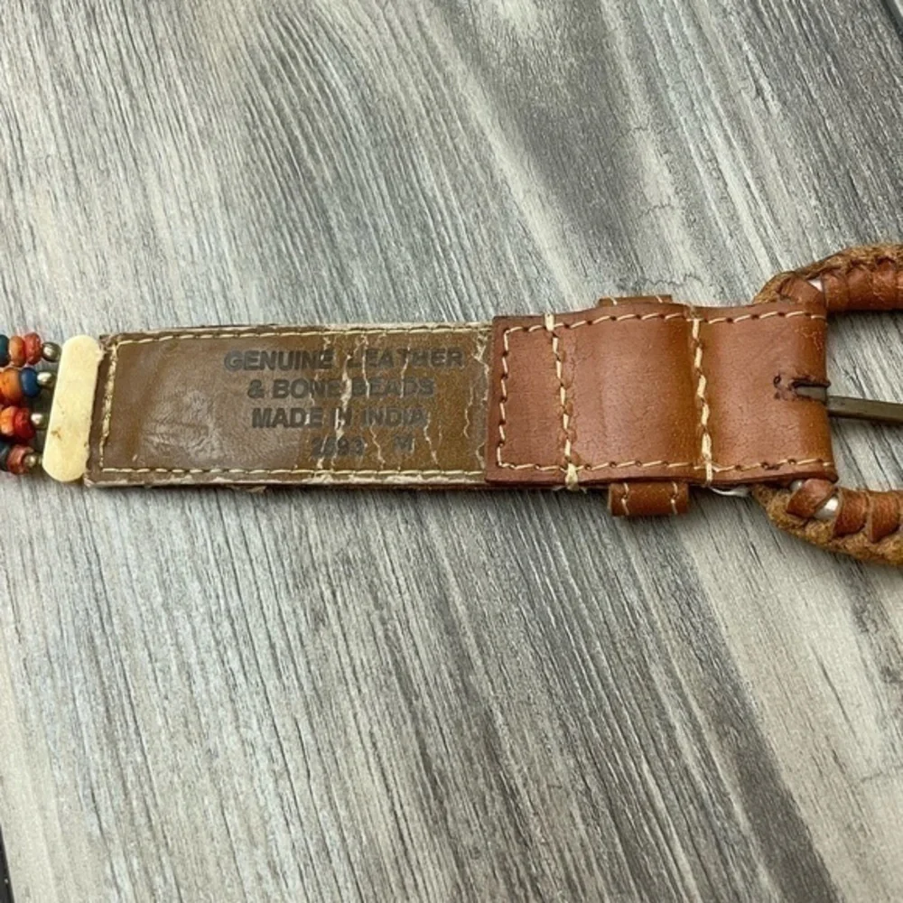 Leather & Colored Bone Bead Belt Made in India Fits 35” Waist | Handmade